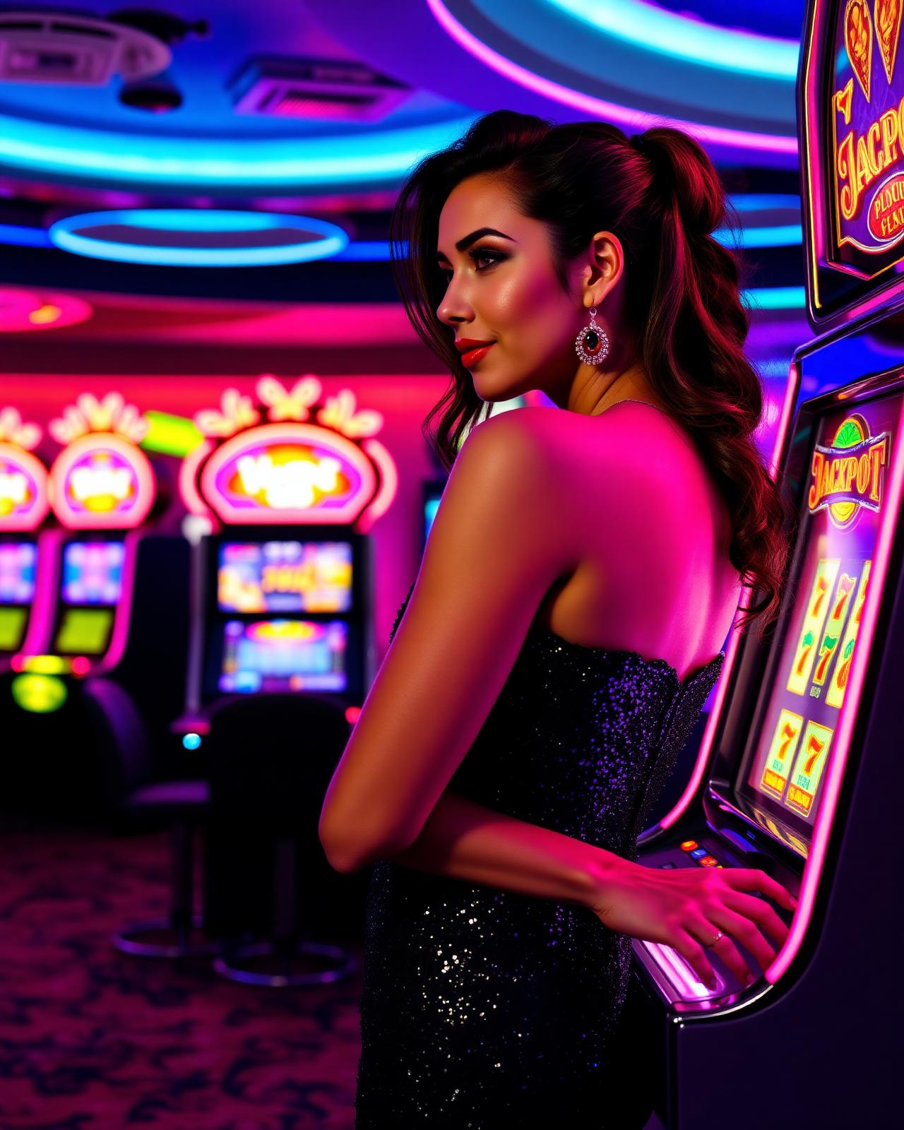 Neon casino with slot machine and chips